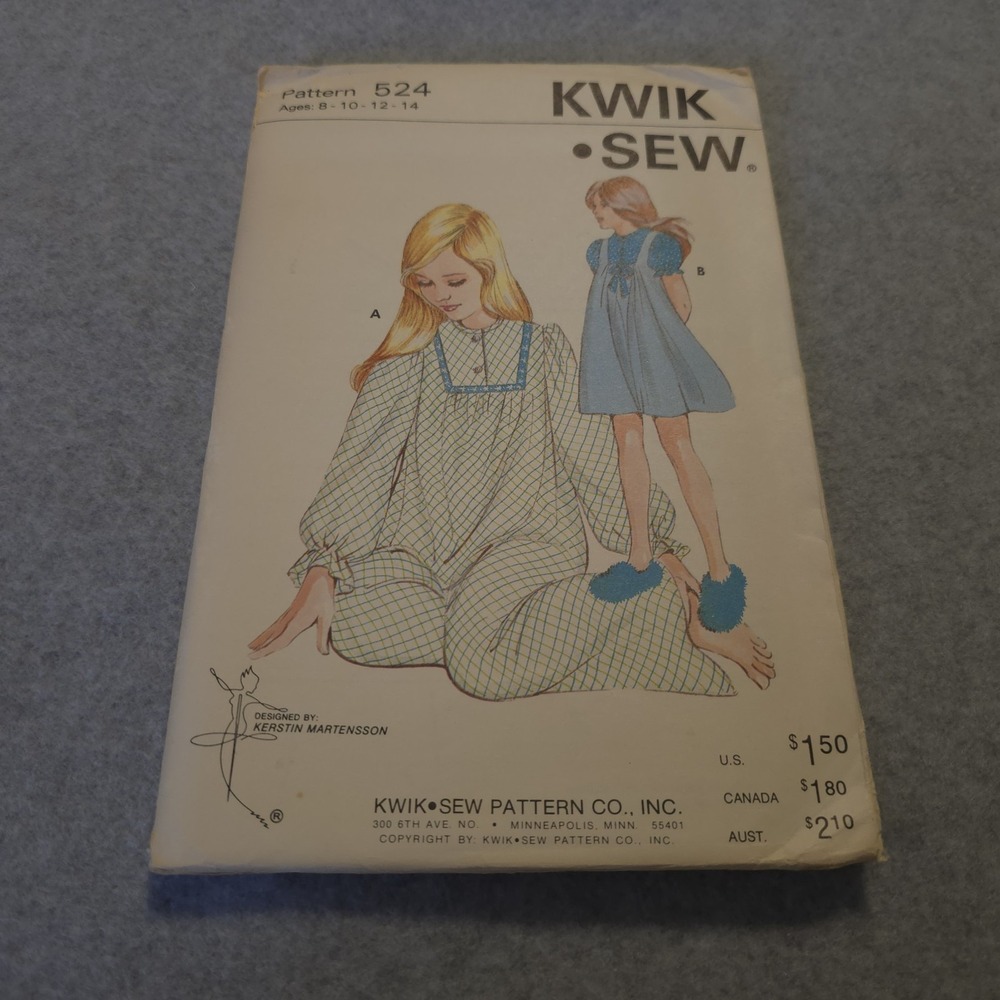 Vintage Kwik Sew 524 Girls Nightgown Pajama Pattern 8-14‎ UNCUT Kerstin M.